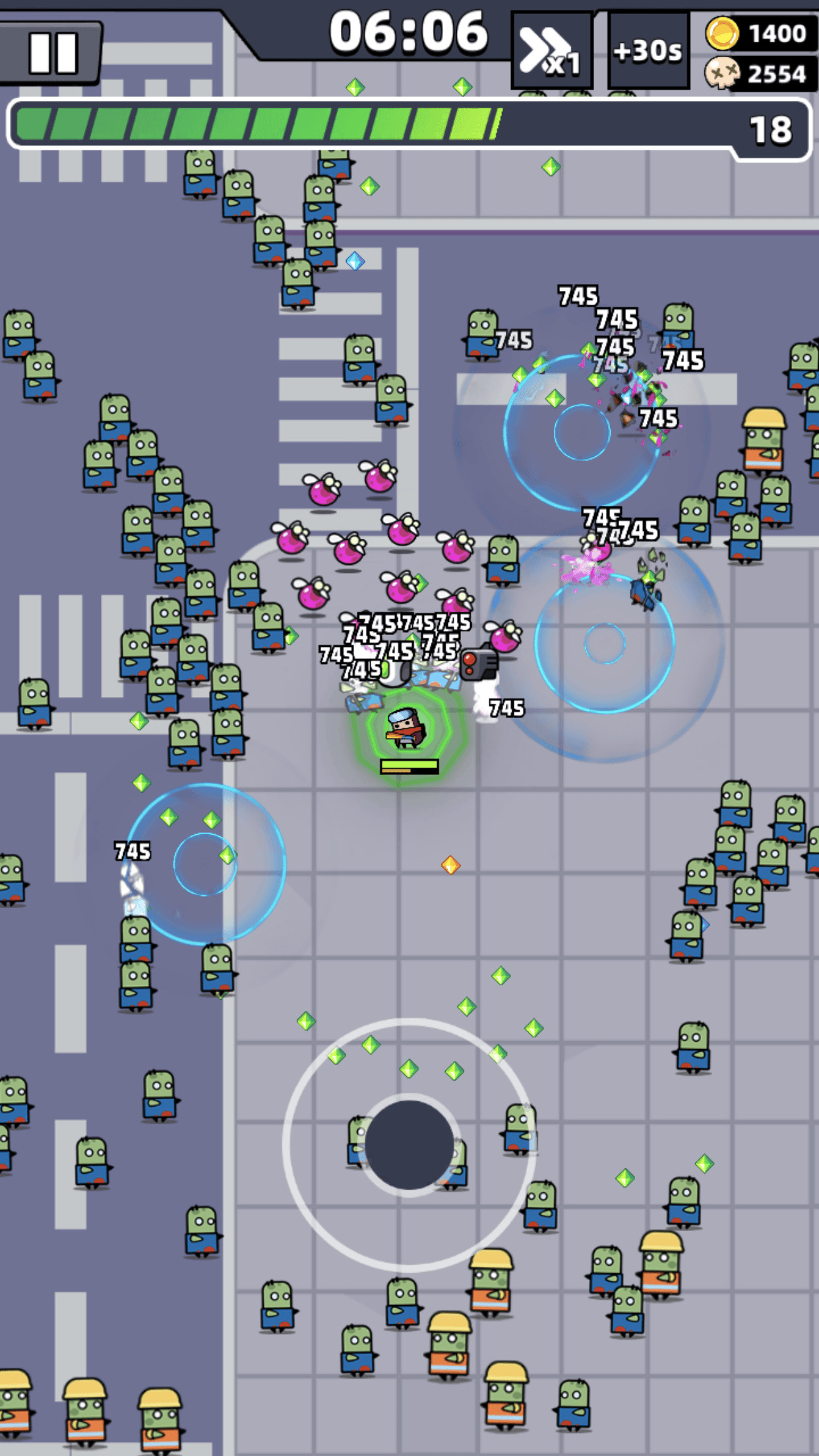 Survivor.io gameplay screenshot showing a survivor, zombie crowd, skills, and stage HUD