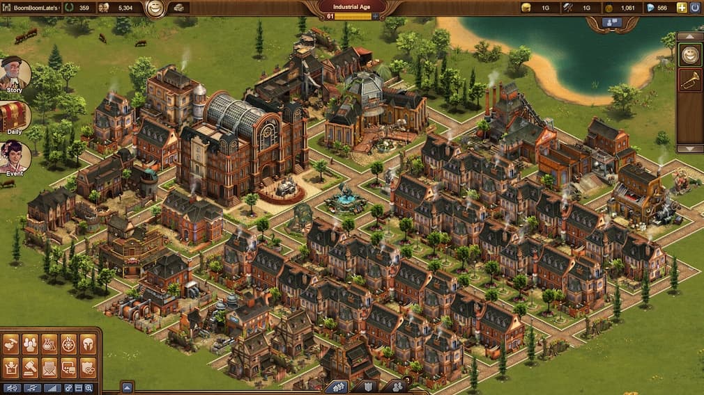 Cidade de Forge of Empires na Era Industrial, cercada pela interface do jogador, dos recursos e da administração urbana.