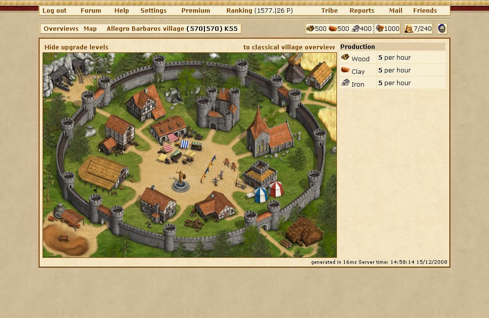Aldeia de Tribal Wars de 2008 emoldurada pela interface clássica; a produção de recursos e os controles da aldeia estão visíveis.