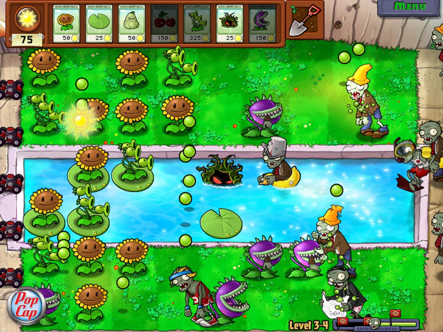 Peashooters and other plants defend a lawn against a group of incoming zombies.
