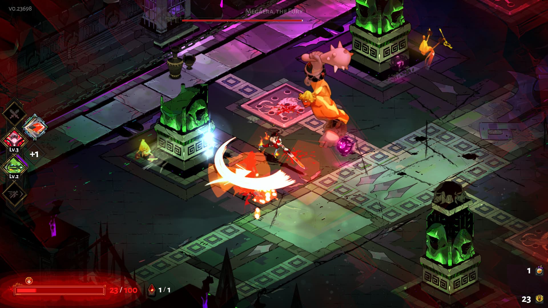 Zagreus fighting enemies in a chamber of the Underworld