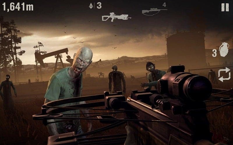 First-person view of a scoped crossbow as a zombie approaches; distance and ammunition indicators are visible.