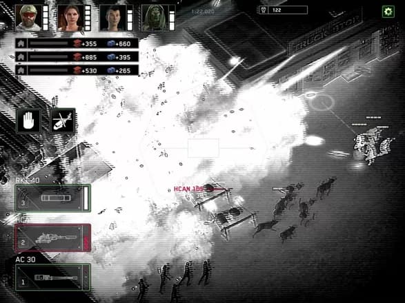 An infrared gunship view shows squad portraits, weapon panels, and zombies below during an airstrike.