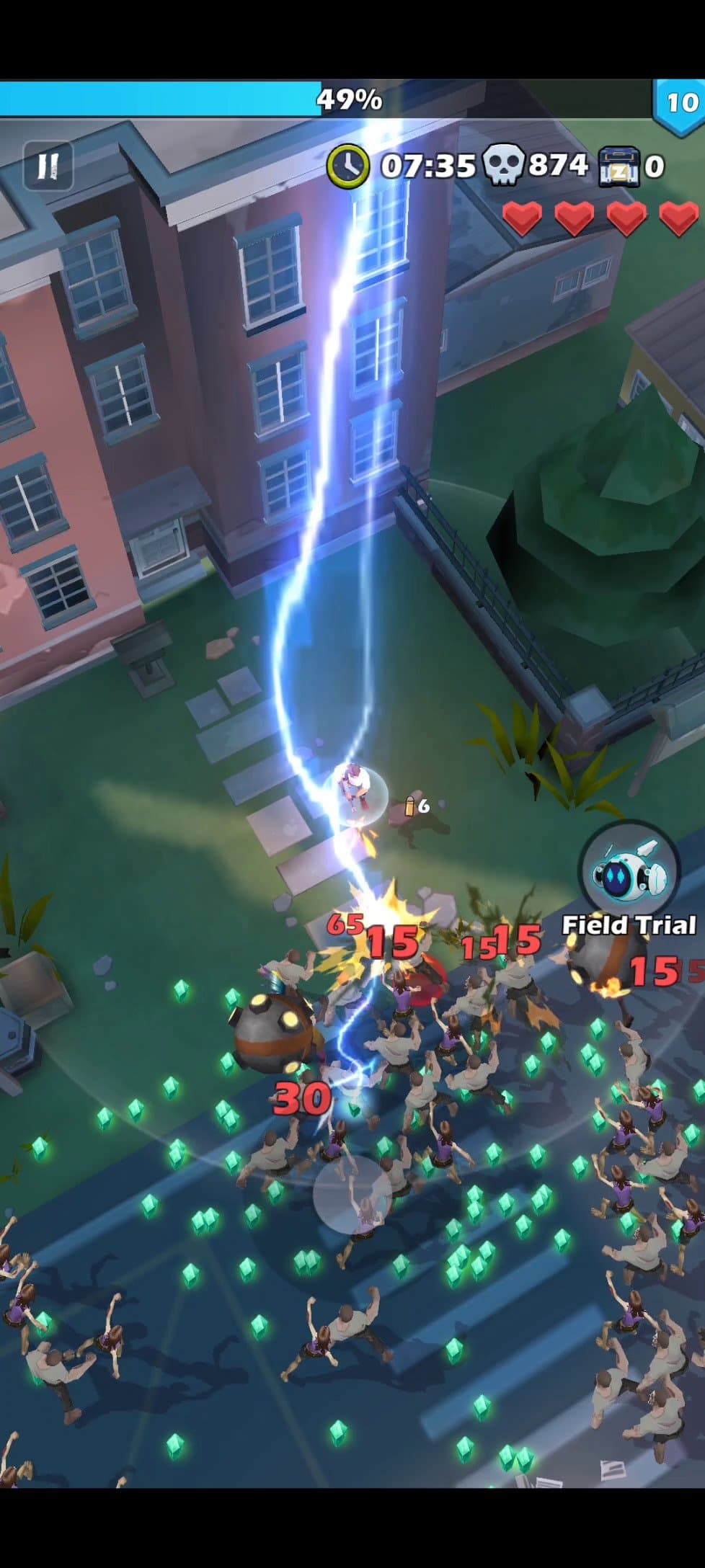 A survivor channels lightning through an urban zombie horde; the HUD shows 49% progress, five hearts, and a 7:35 timer.