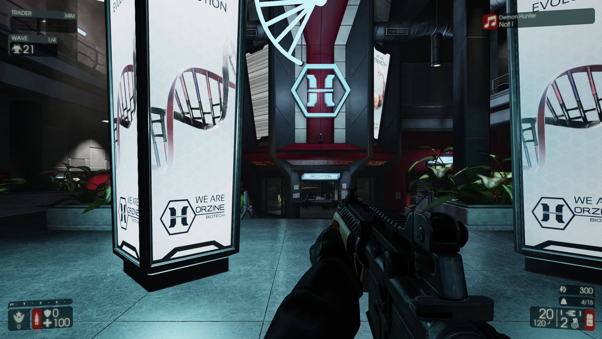 Killing Floor 2: First-person rifle view inside a Horzine facility, with wave, health and ammunition indicators visible.