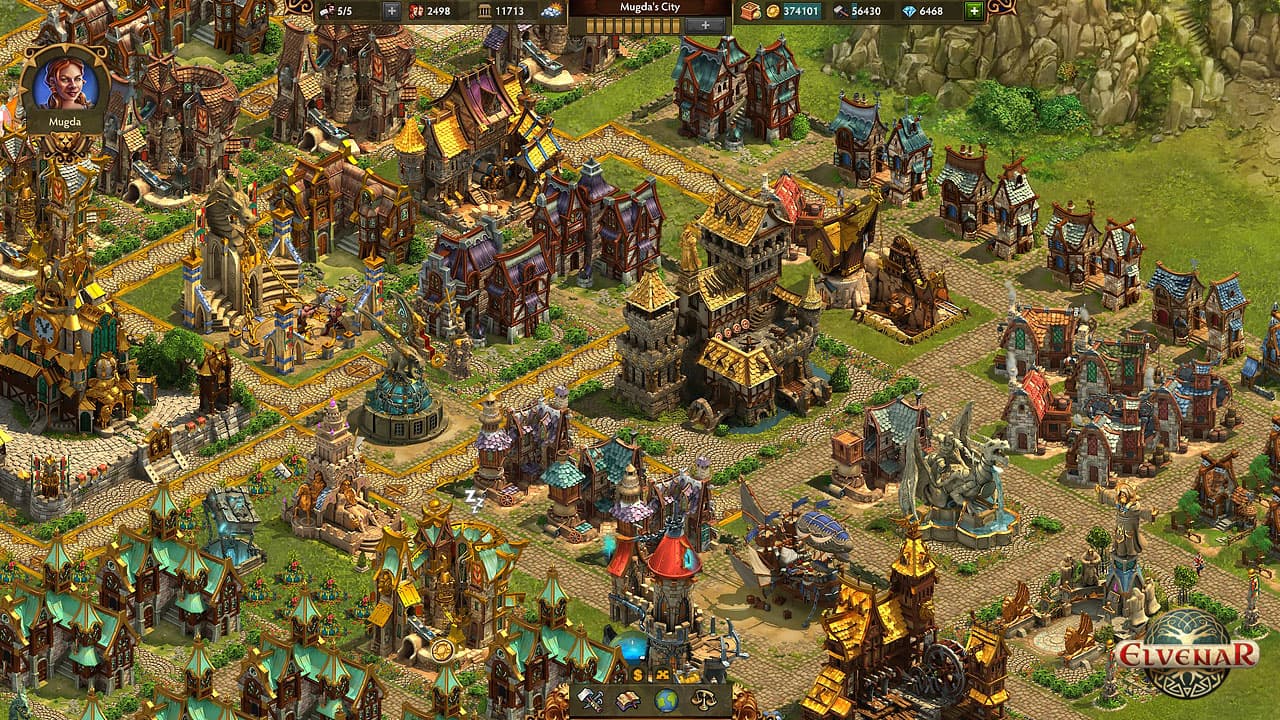 A vista da cidade de Elvenar mostra edifícios de fantasia aprimorados, ruas e a interface de recursos no topo.