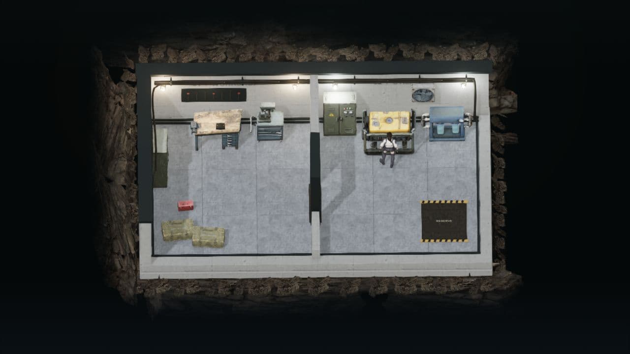 Vista de cima dos cômodos conectados da oficina e dos serviços do abrigo em Zombie Defence.