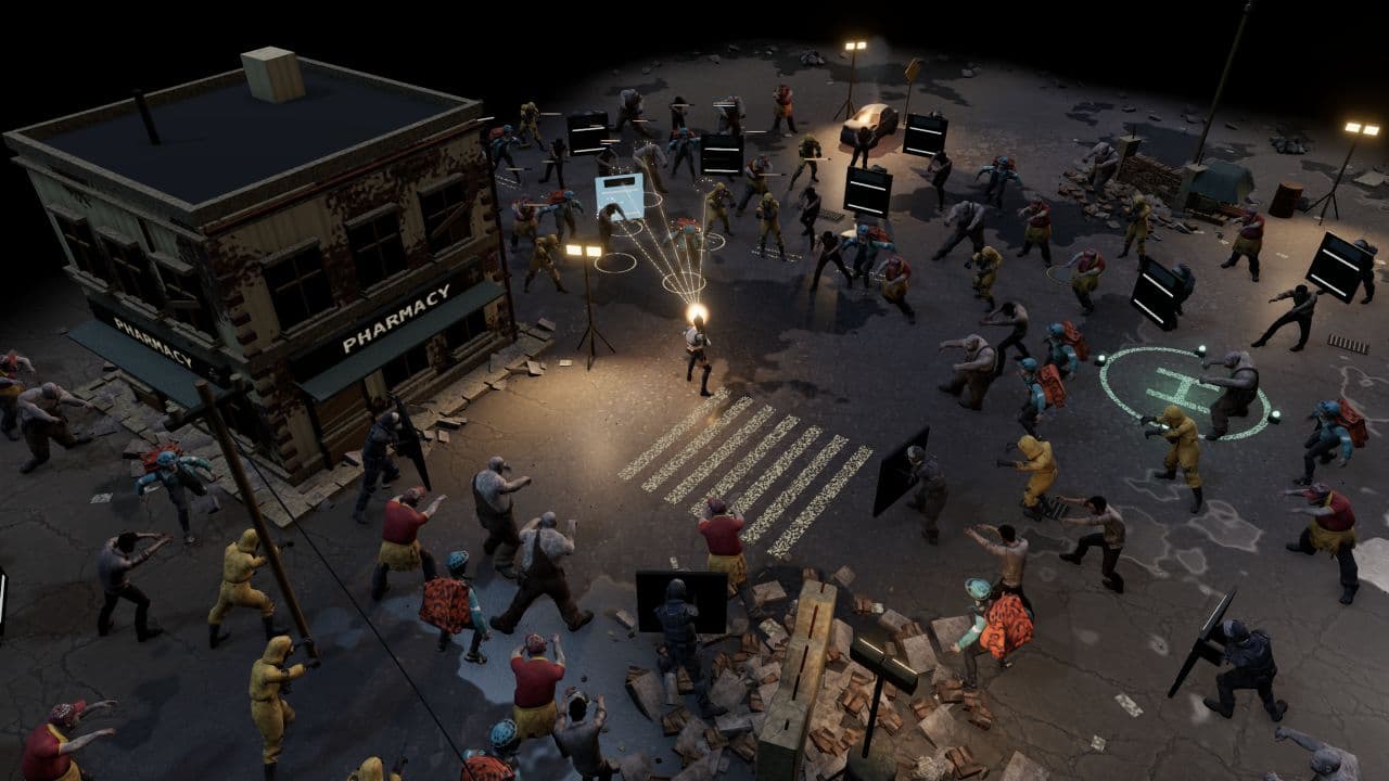 Ein Überlebender von Zombie Defence feuert neben einer Apotheke, während Zombies den Extraktionshof umringen.