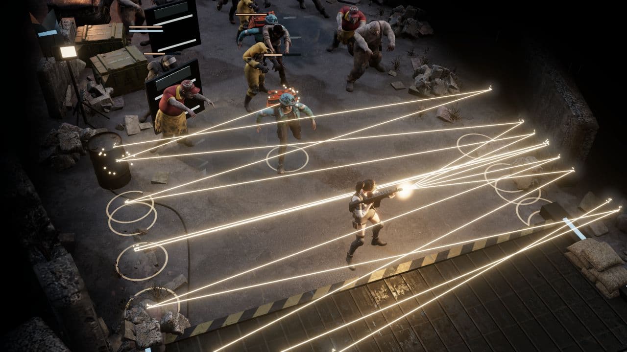 Un superviviente de Zombie Defence dispara una amplia ráfaga de rebotes contra zombis junto a una calle en ruinas.
