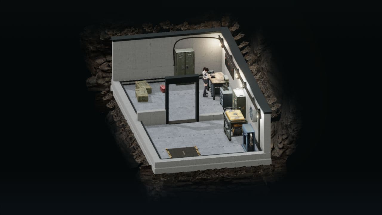 Zombie Defence shelter viewed from the utilities room toward the connected workshop.