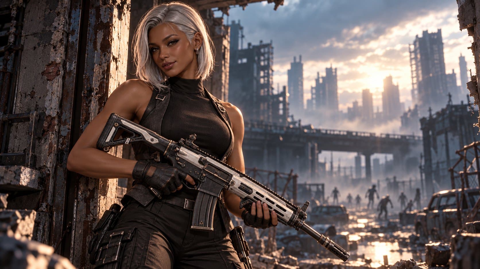 Ilustração de uma mulher de cabelos prateados carregando um rifle perto de uma rua destruída, com infectados ao longe.