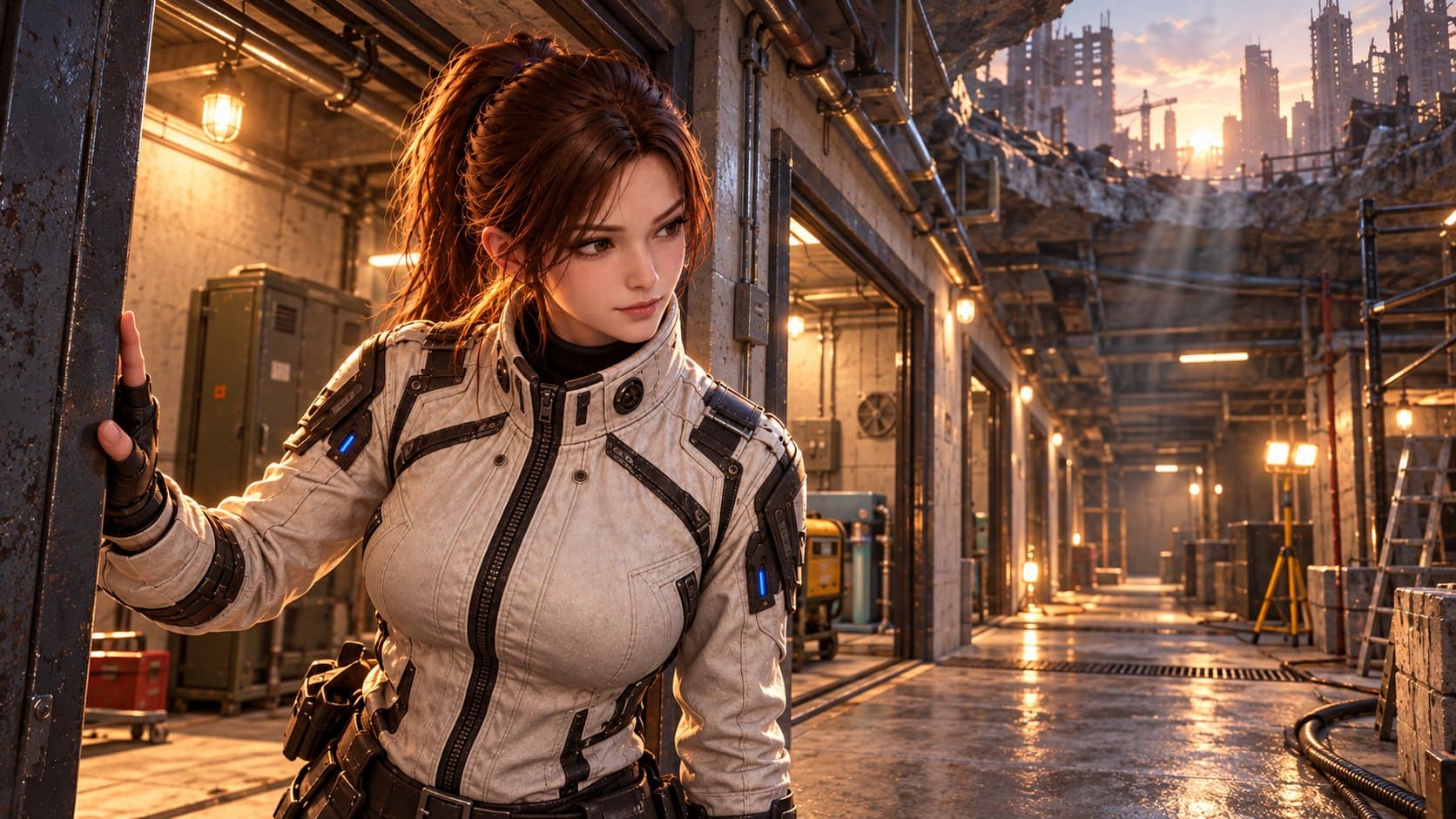 Mara stands beside a lit shelter utility bay beneath the ruins of a city at sunset.