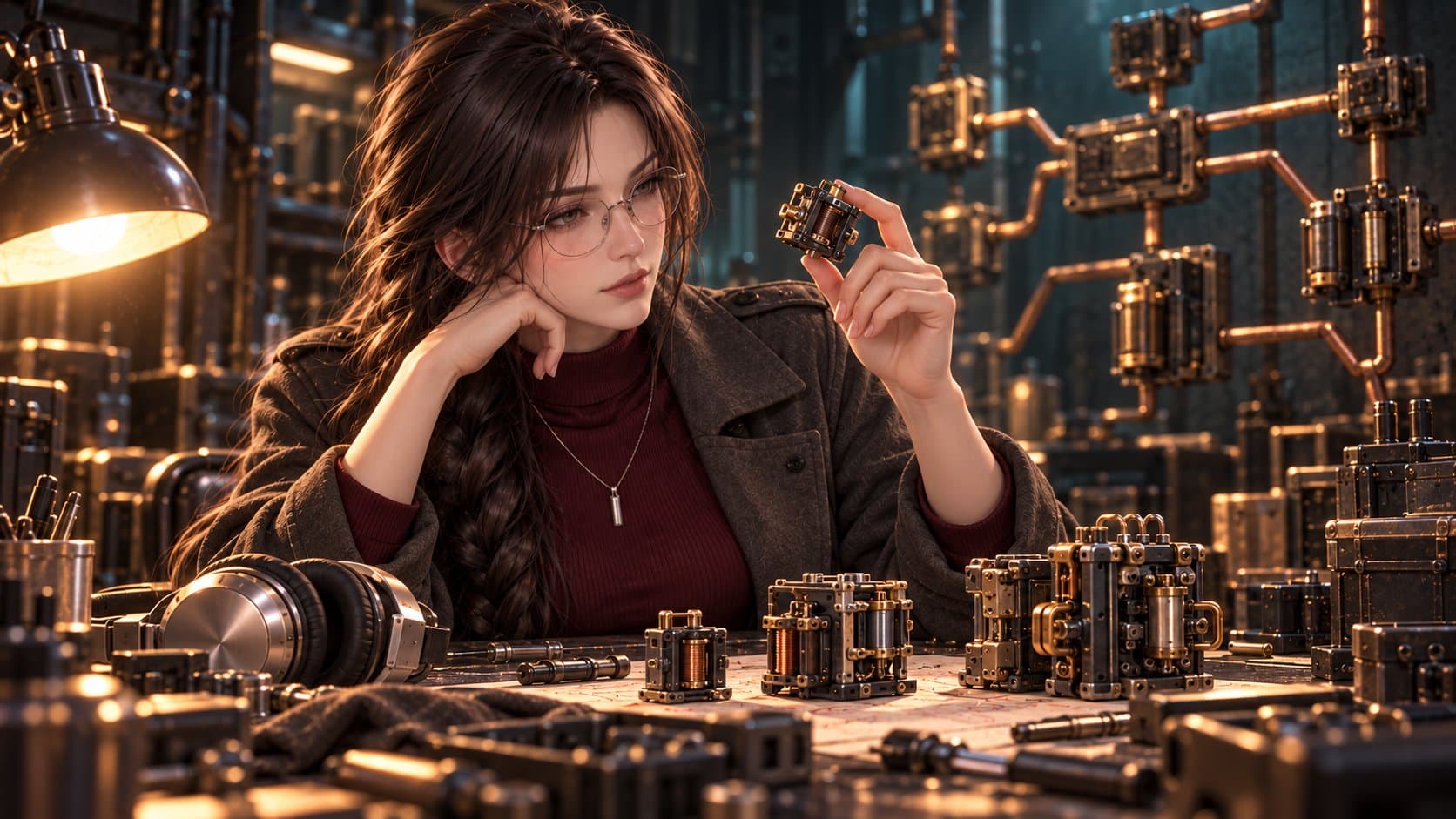 Vera untersucht ein kleines mechanisches Relais an einer Werkbank im Schutzraum; hinter ihr verzweigen sich Kupferrohre.
