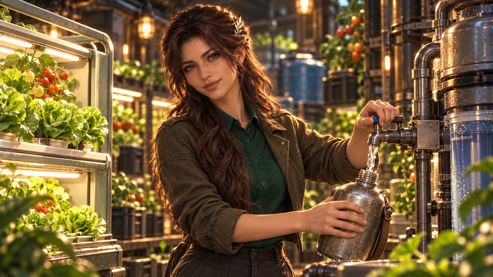 Iris fills a metal canteen at a purifier beside flourishing shelter crops.