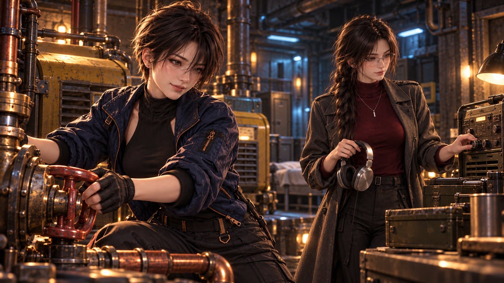 Jun adjusts a valve beside a shelter generator while Vera works at a radio with headphones in hand.