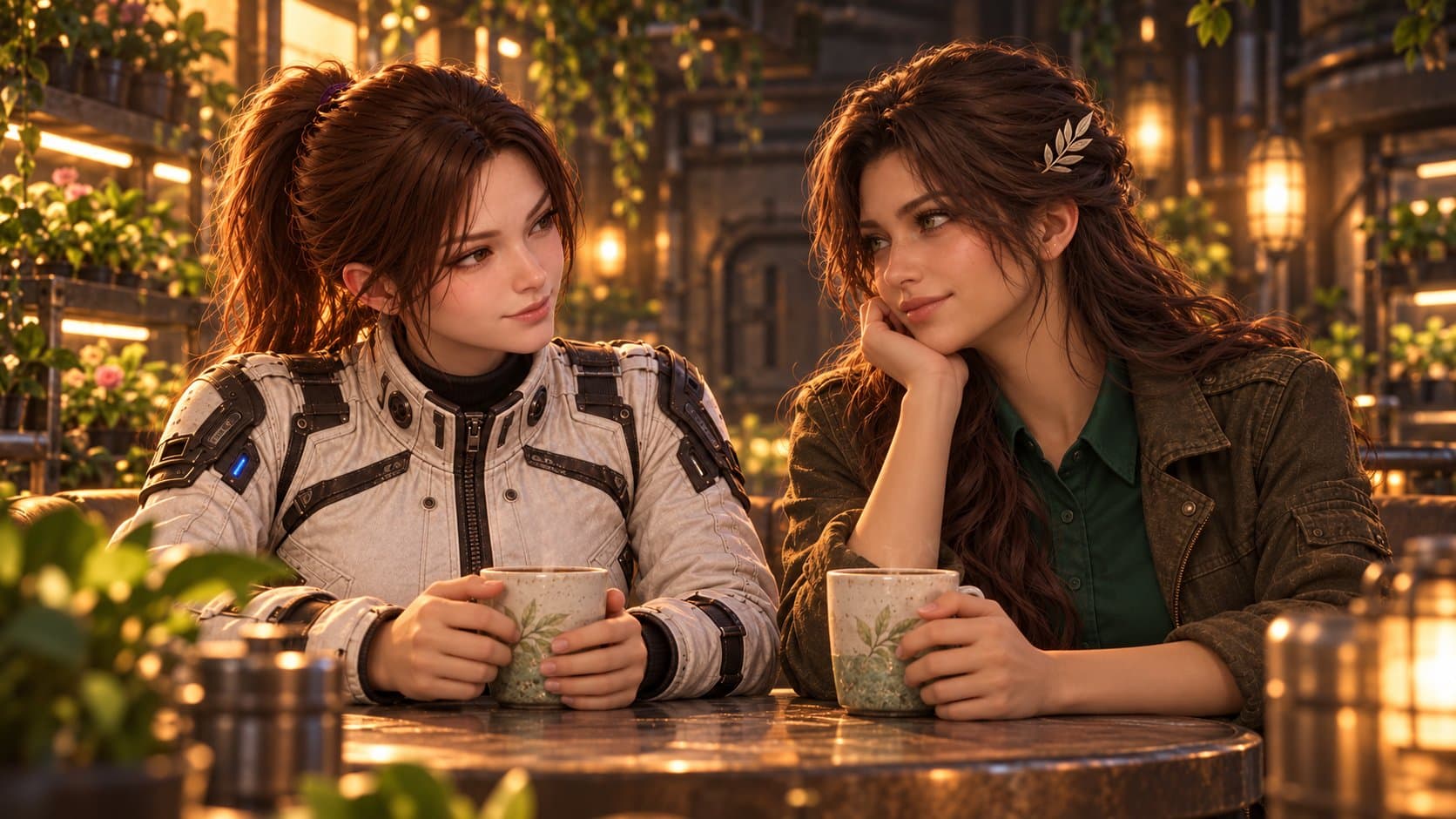 Mara and Iris share a quiet conversation over mugs in a warmly lit shelter garden.