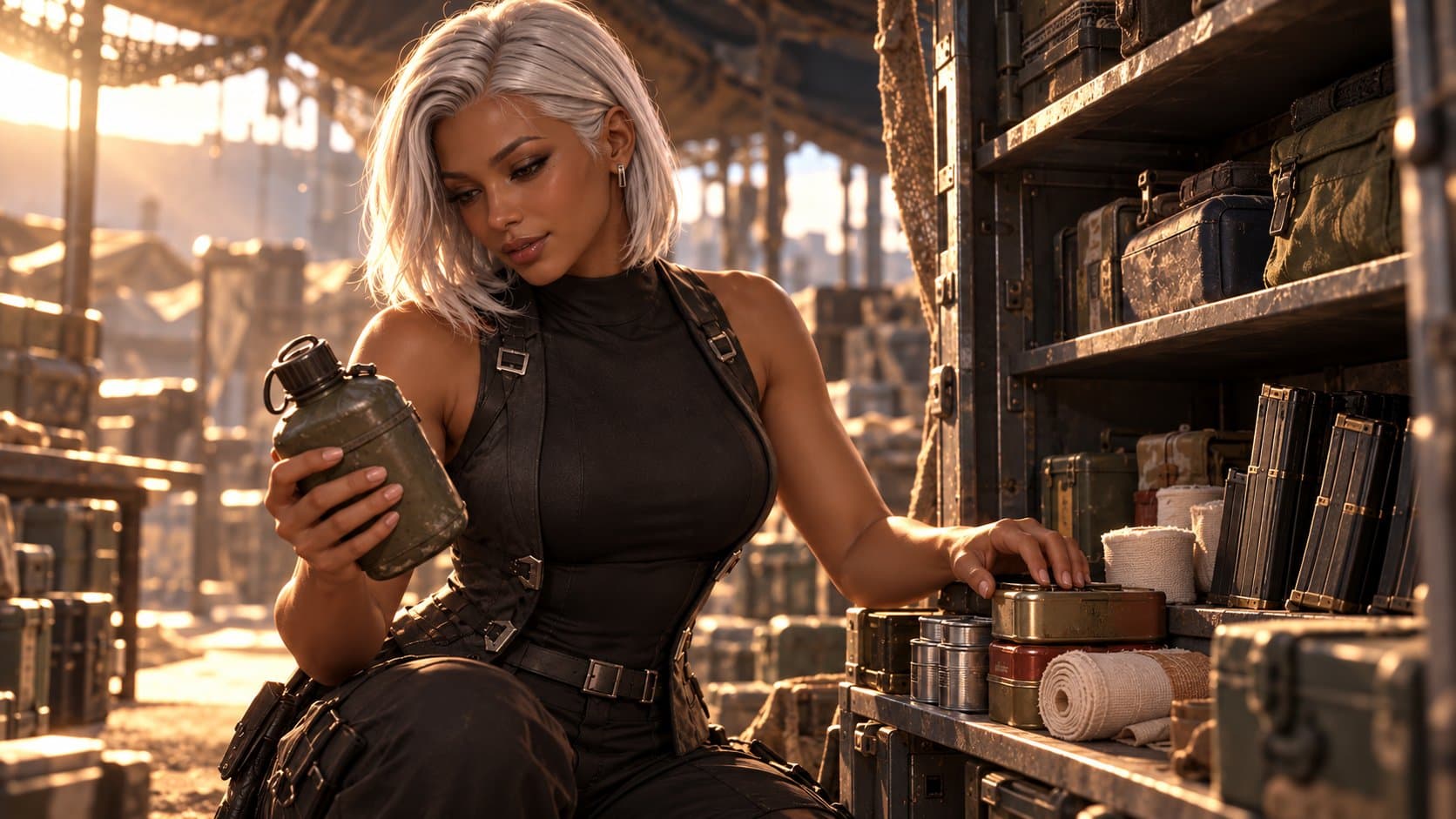 Sable considers a canteen beside a small stock of rations, bandages and rifle magazines in a shelter.