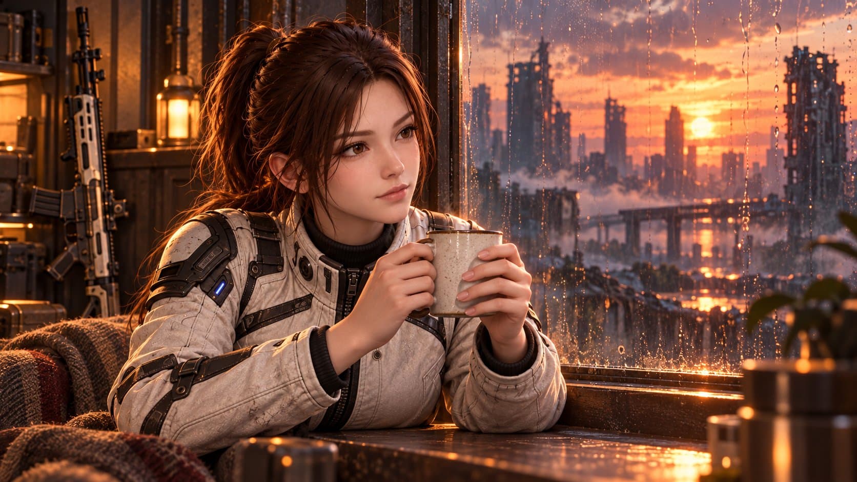 Mara hält eine warme Tasse am regennassen Fenster des Unterschlupfs; draußen liegt die zerstörte Stadt im Sonnenuntergang.