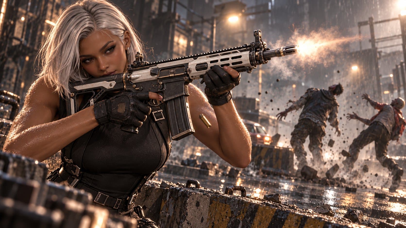 Sable aims a rifle from behind a concrete barrier in a cinematic Zombie Defence illustration.