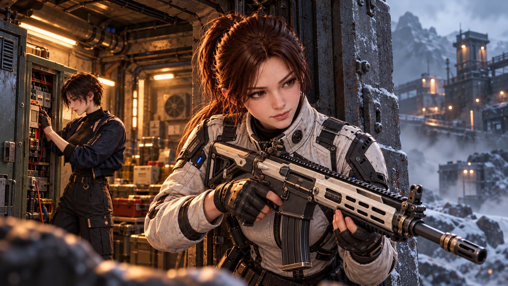 Mara watches a ruined street with her rifle ready while Jun works on an electrical cabinet inside the shelter.