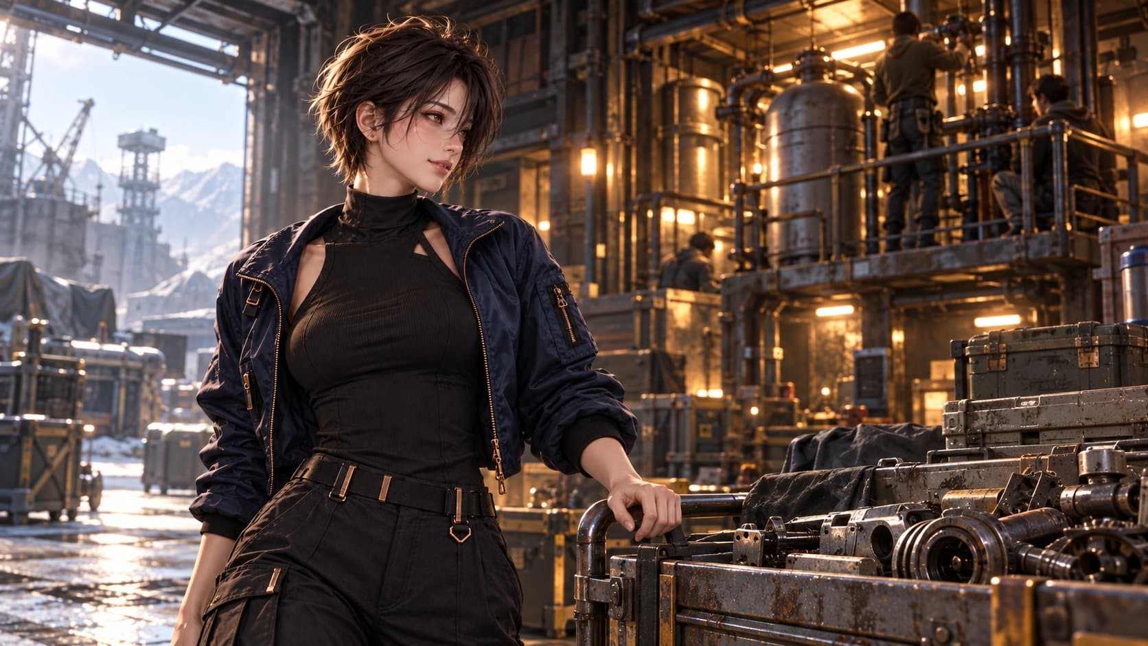 Jun stands beside a cart of recovered machine parts in a warmly lit industrial shelter
