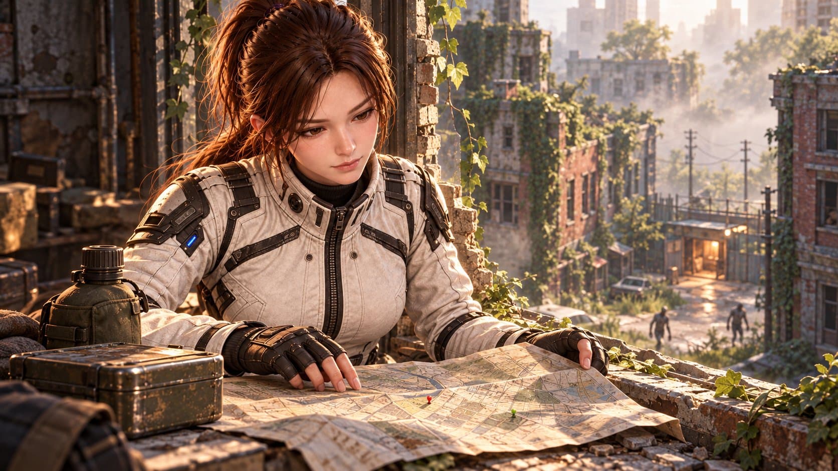 Mara studies a street map beside supplies in a ruined room overlooking a misty city.