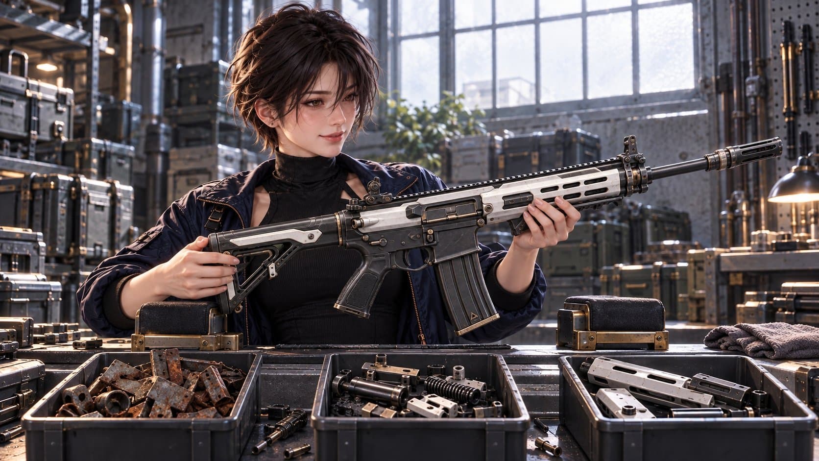 Jun examina un rifle terminado sobre chatarra y piezas mecánicas ordenadas.