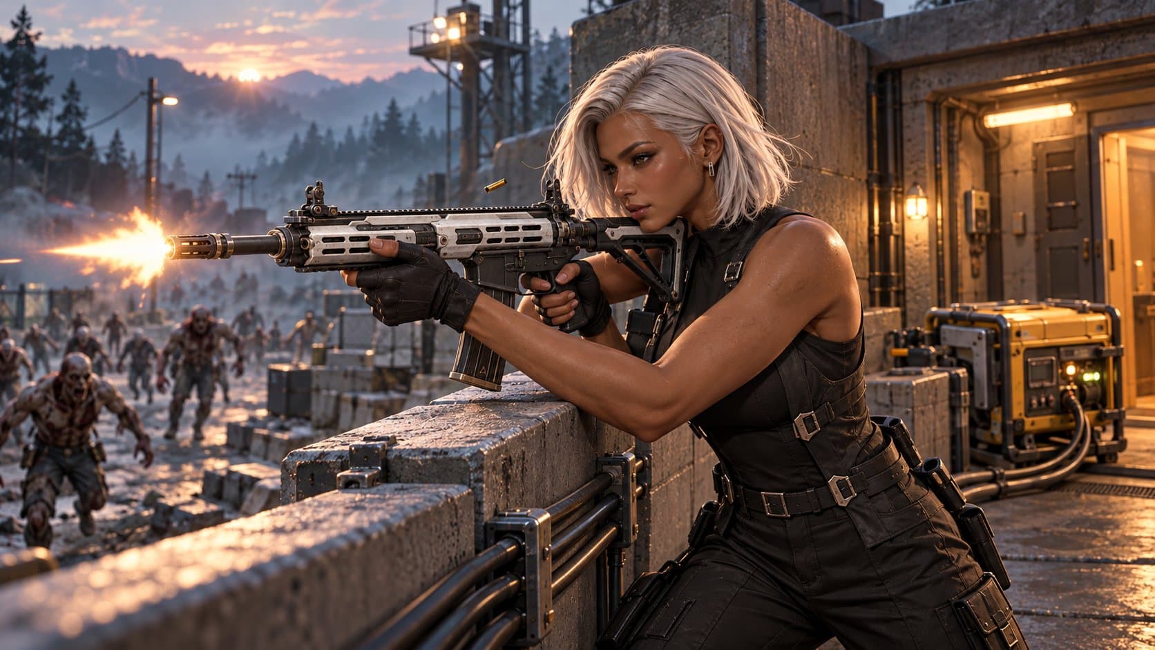 Sable feuert auf einer Betonplattform neben der Stromversorgung des Unterschlupfs mit einem Gewehr.