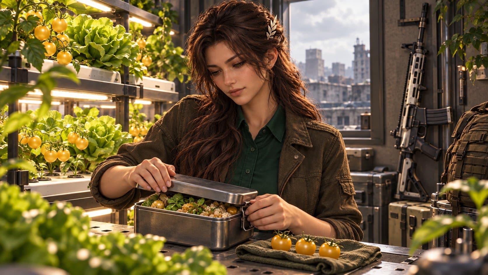 Iris packt neben hydroponischem Salat und goldenen Tomaten eine Gemüsemahlzeit ein.