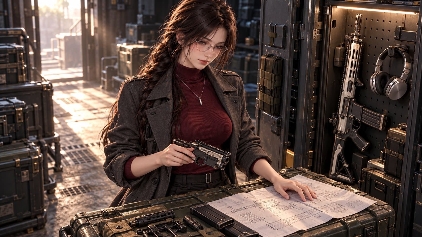 Vera untersucht neben einer unbeschrifteten technischen Zeichnung und einem Gewehr im Ständer eine mechanische Baugruppe.