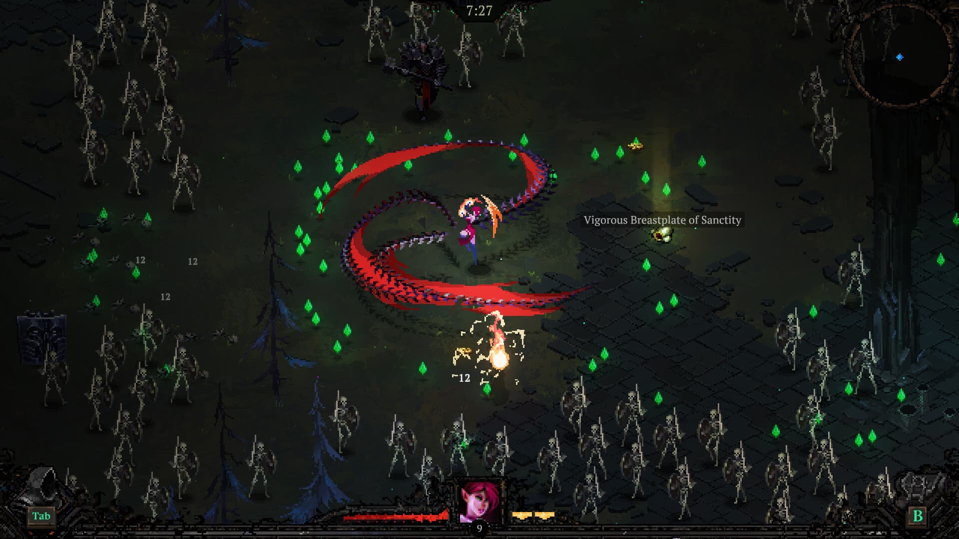 A Death Must Die hero fighting enemies with a large curved attack effect and equipment visible in the scene.