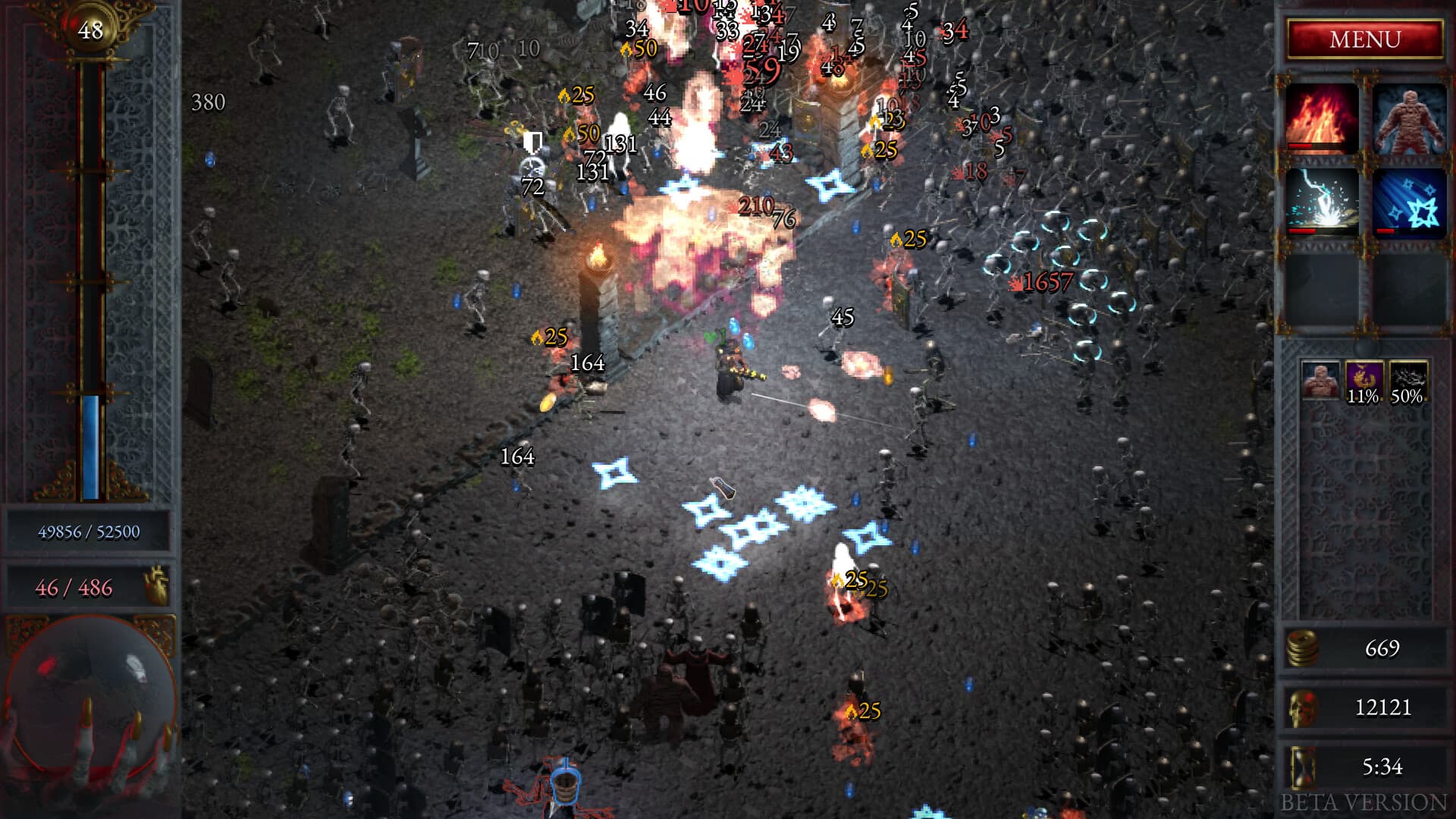 A hero fighting through a dark Halls of Torment stage while the character and skill interface remains visible.