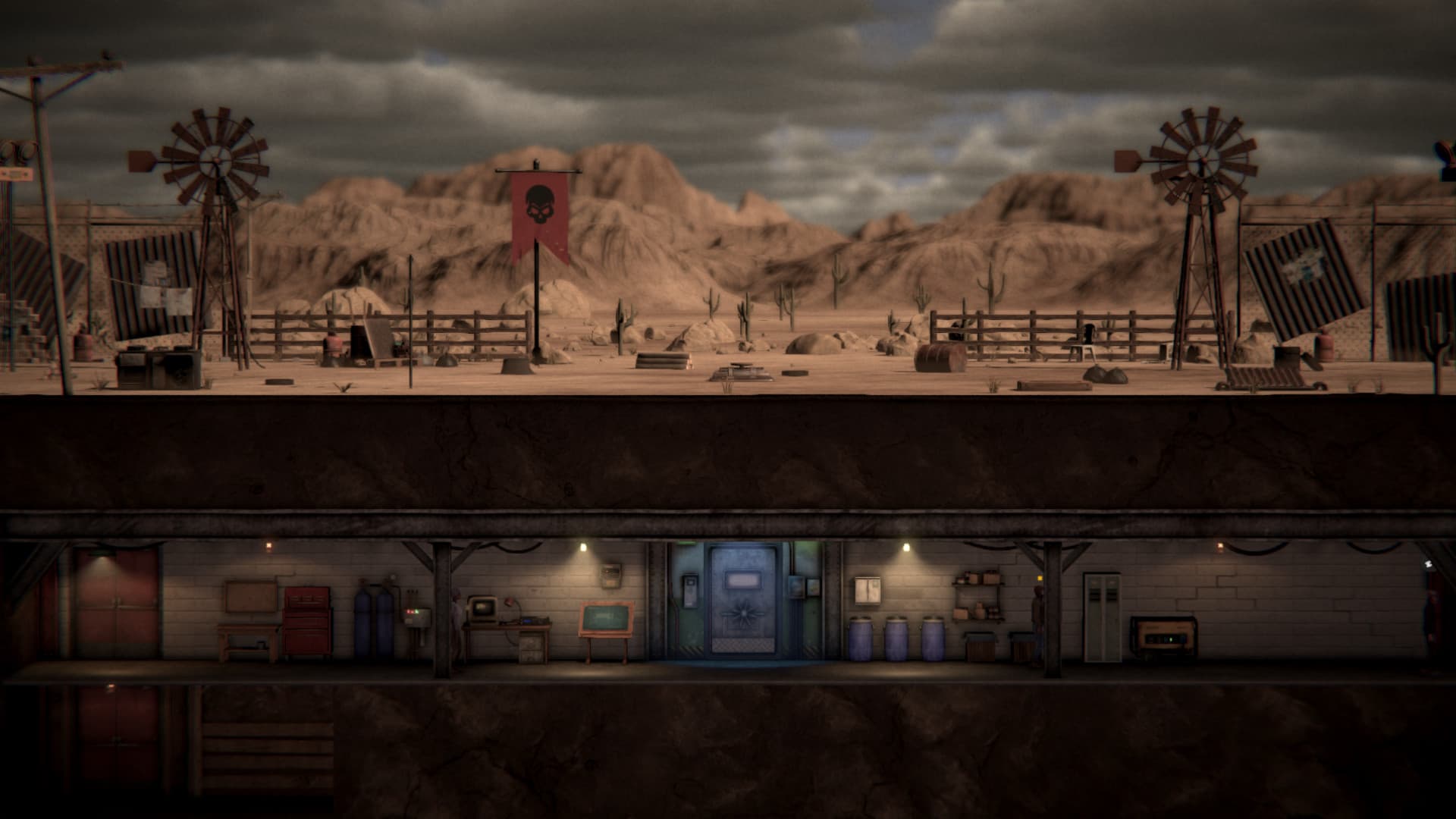 Cutaway view of Sheltered 2’s bunker rooms beneath the wasteland surface.