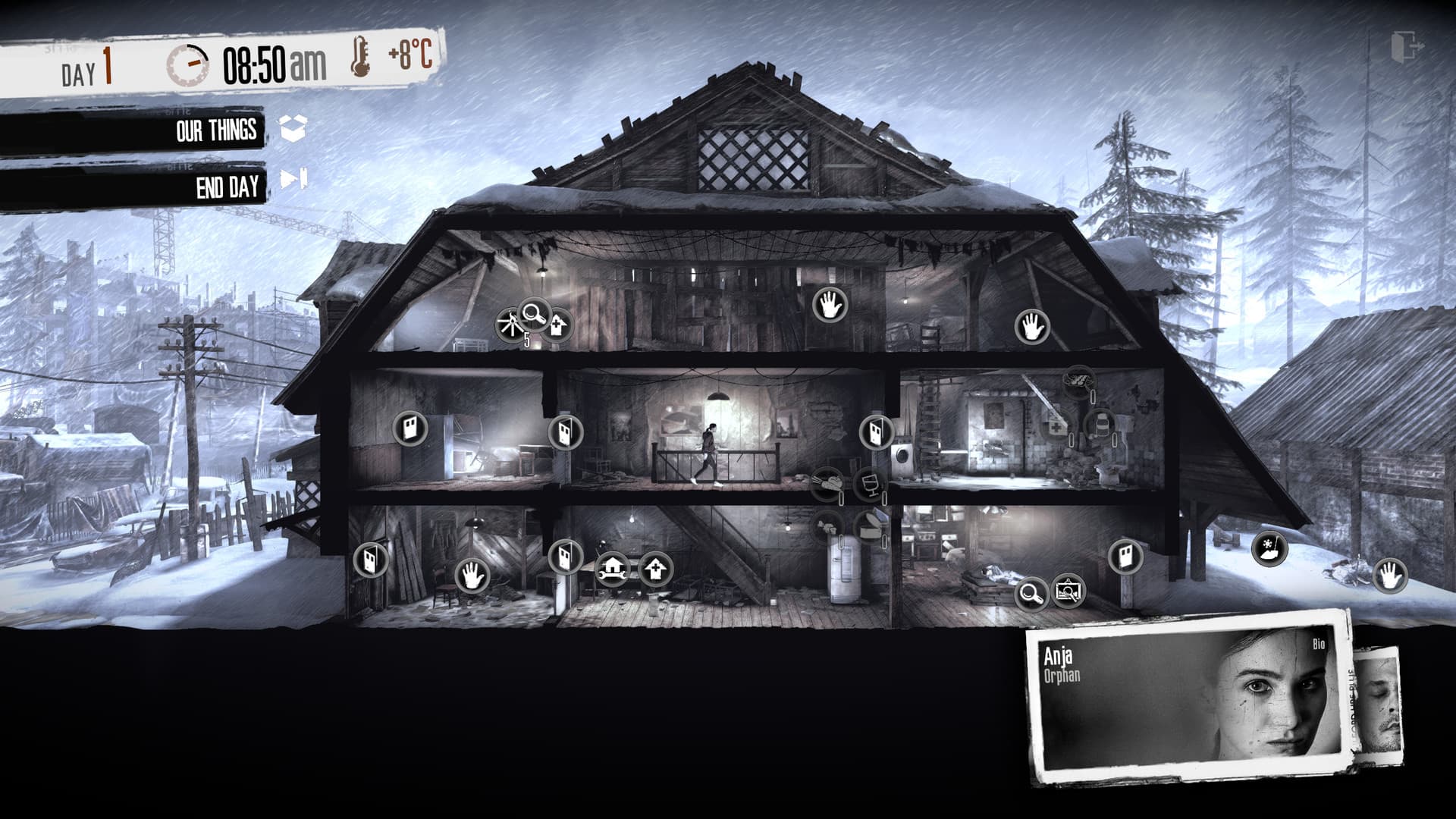 A cutaway view of the damaged house shelter managed by the civilians in This War of Mine.
