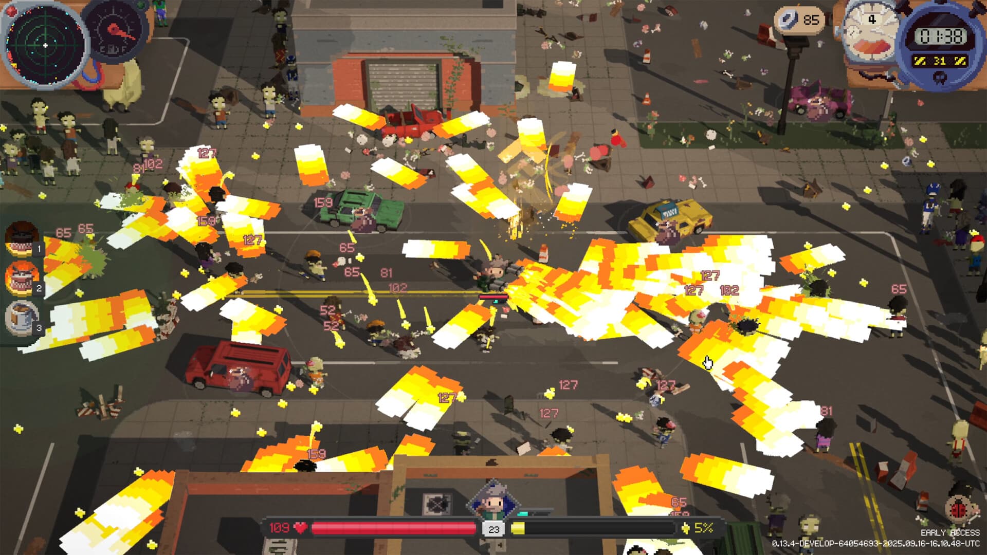 Deadly Days: Roadtrip gameplay with survivors fighting a large zombie horde amid projectile effects.