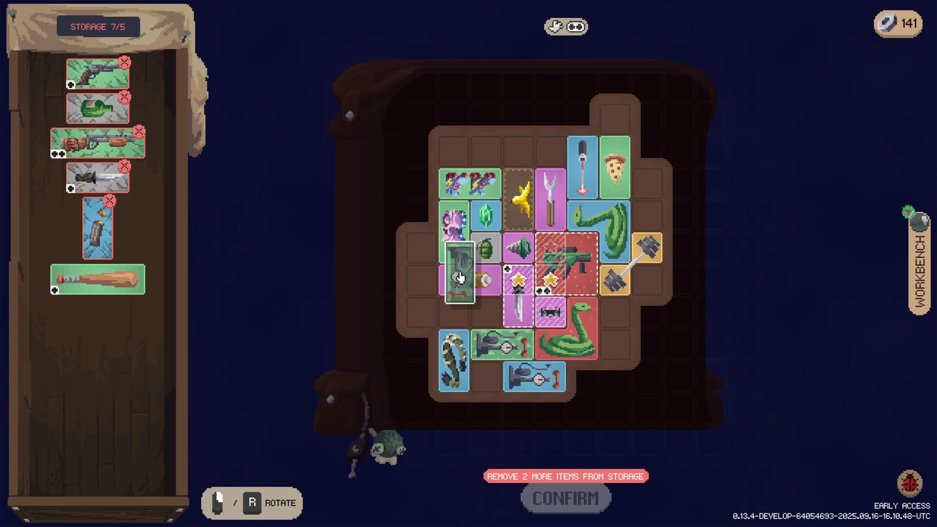 Deadly Days: Roadtrip backpack screen arranges weapons and items in a block-based grid