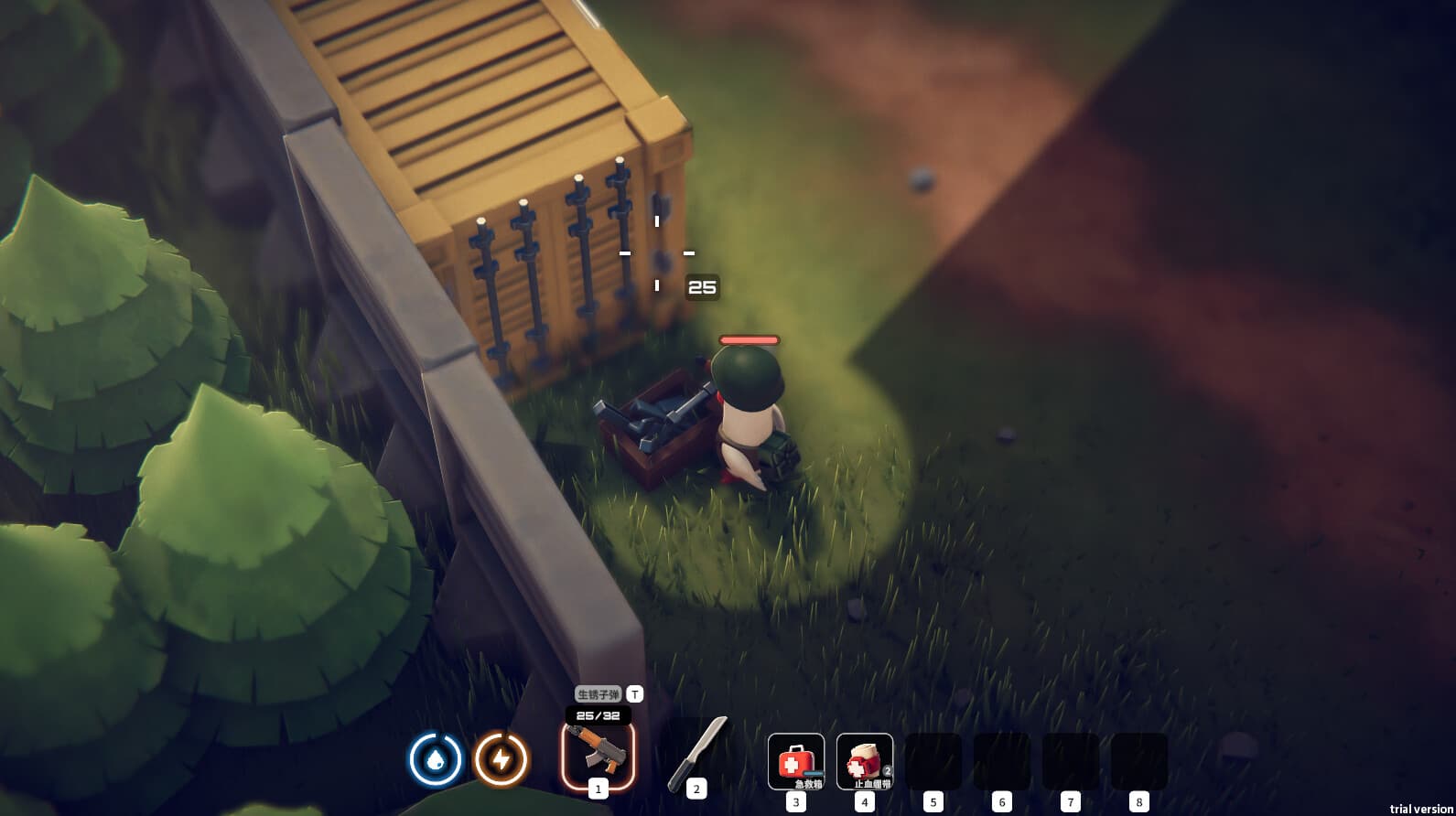 Duckov character aims a weapon outdoors beside a shipping container, wooden fence, and vegetation