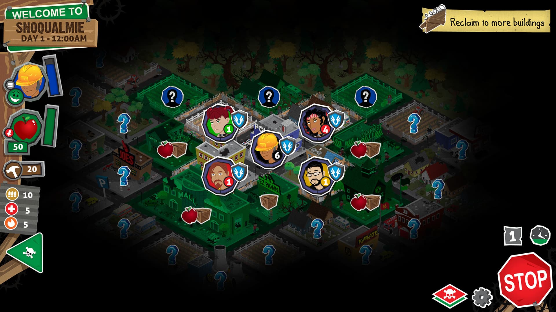 Rebuild 3: Gangs of Deadsville city grid with survivor teams and mission markers.