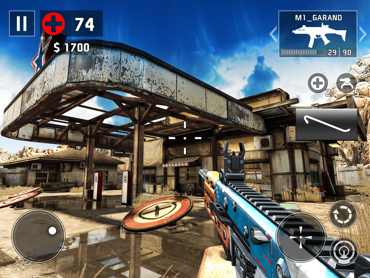 A first-person rifle points across an industrial walkway in DEAD TRIGGER 2, with touch controls and ammunition HUD visible.