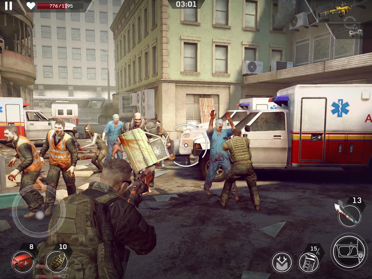 A survivor aims at infected beside an ambulance in Left to Survive, with mobile combat controls visible.
