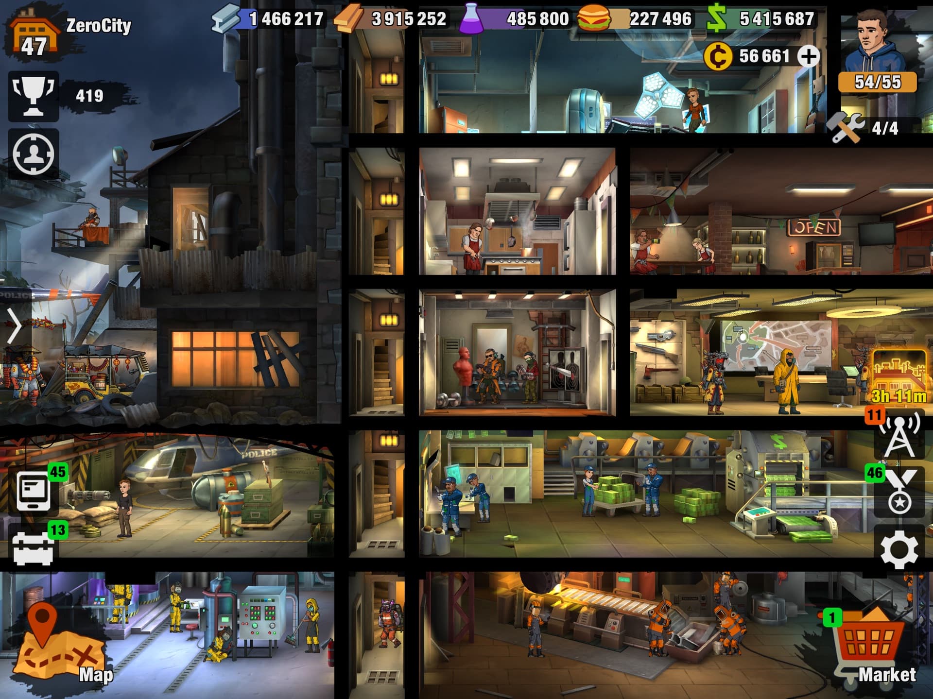 A multi-floor Zero City bunker with residents, work rooms, resources, and shelter controls.
