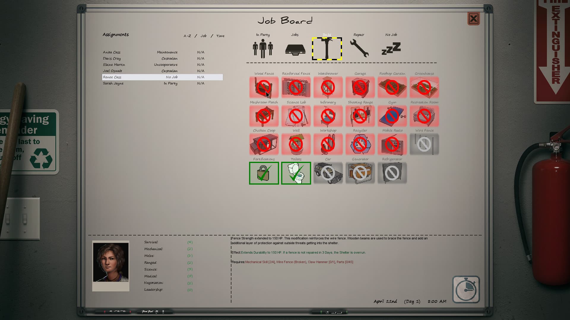 Dead State: Reanimated Job Board showing survivor assignments and available shelter upgrades.