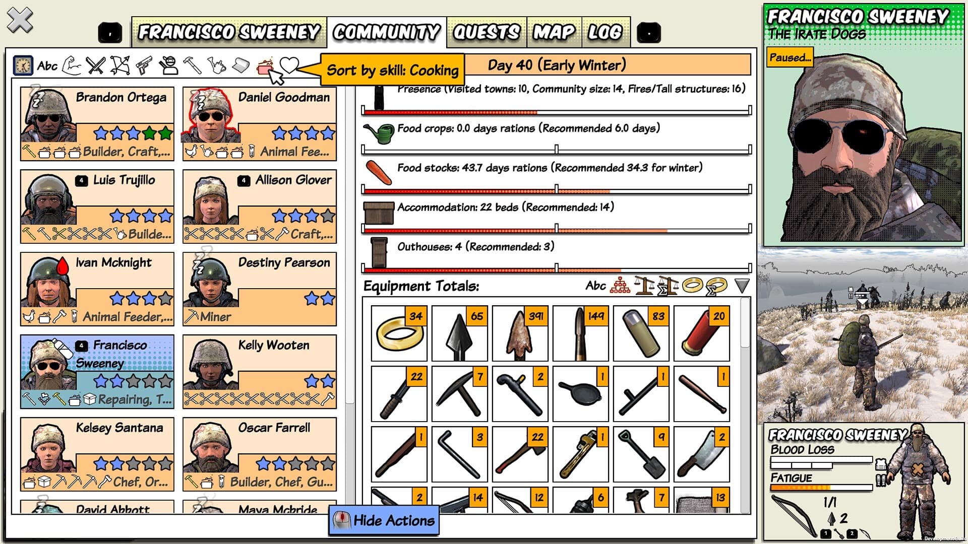 Survivalist: Invisible Strain community panel with resident jobs, food stocks, beds, equipment, and named survivors.