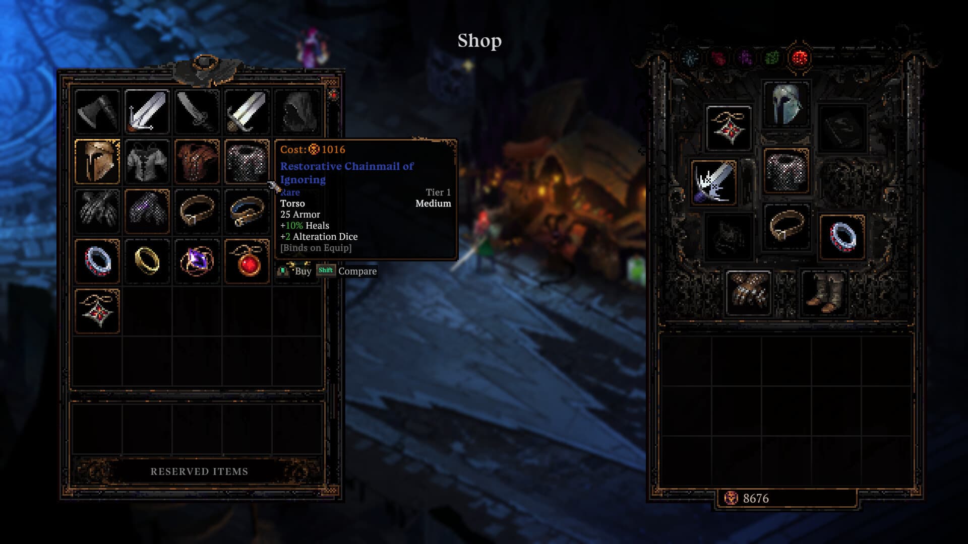 Death Must Die's shop and equipment inventory, with gear slots and an item's details open.