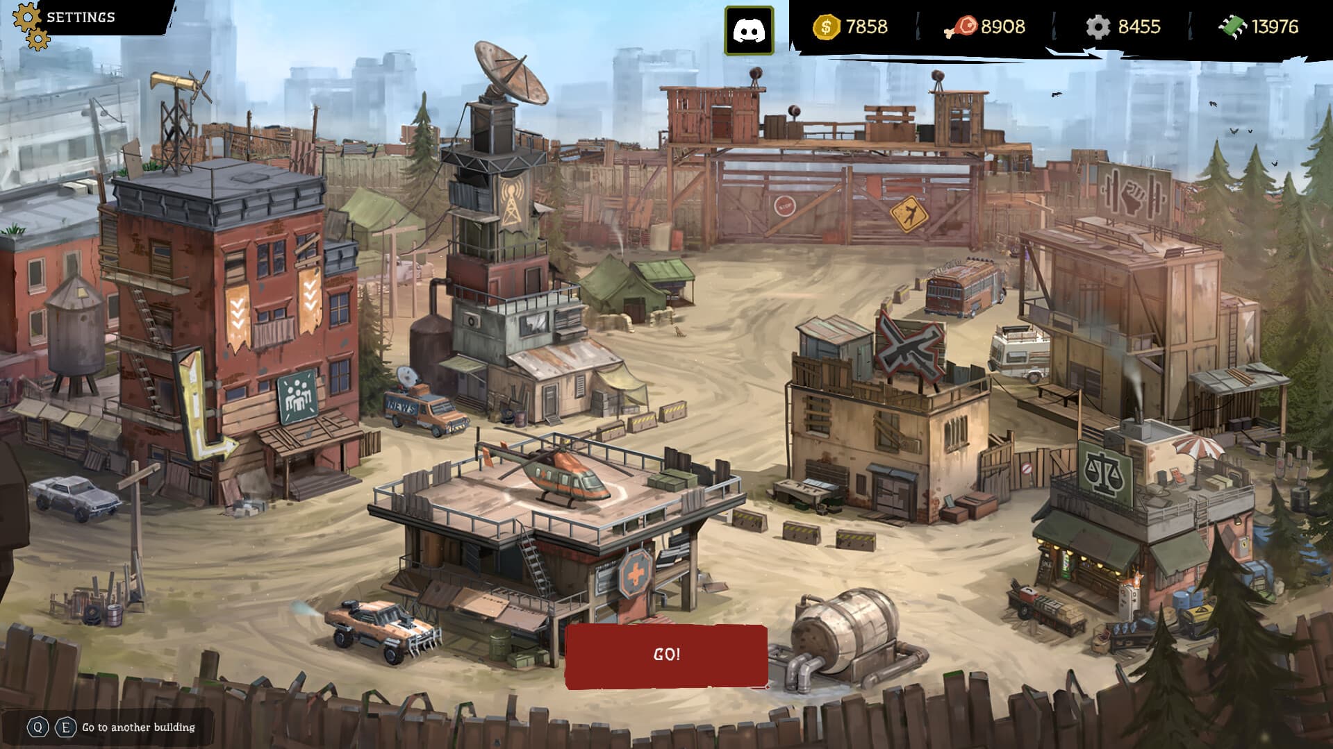 FatalZone's survivor camp with functional buildings, resource counters, and a mission launch button.