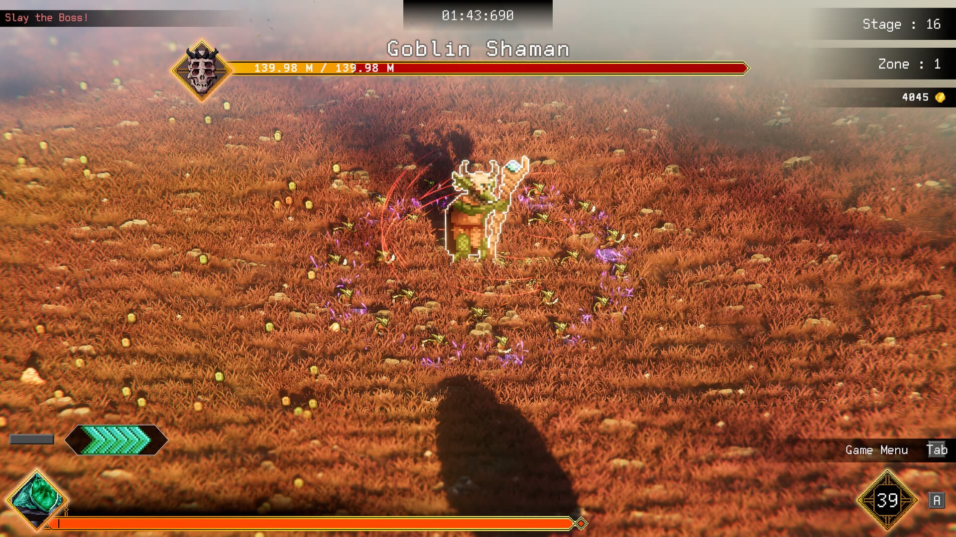 Rog facing the Goblin Shaman boss in Rogue: Genesia's autumn arena.