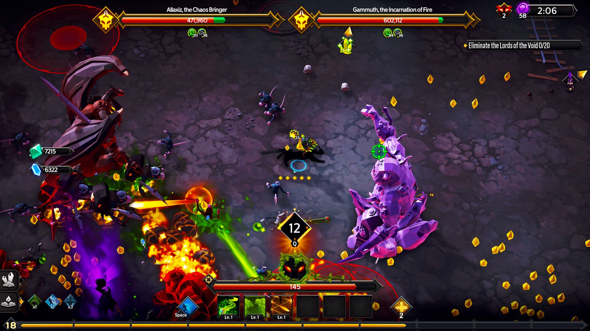 A Void Hunter fights large enemies amid bright skill effects in Soulstone Survivors.
