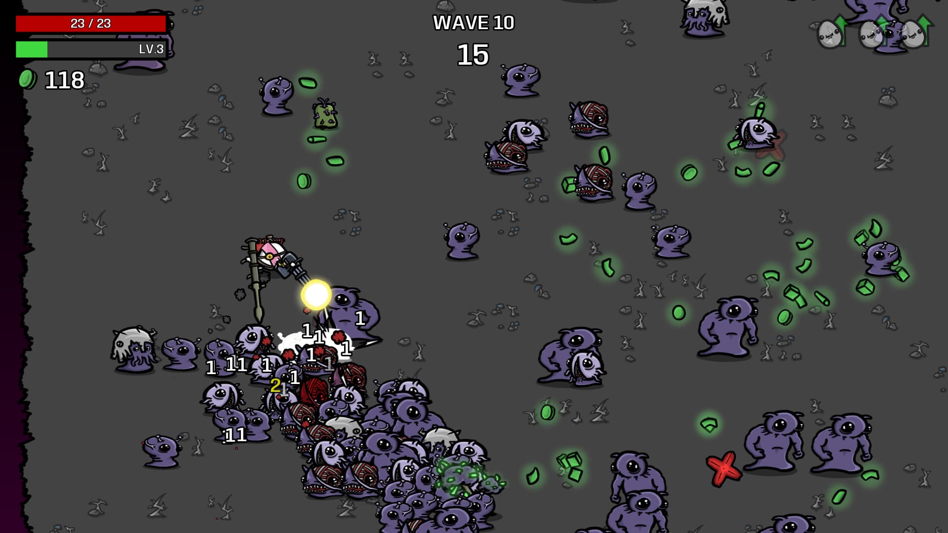 A lone potato survivor fights a swarm of cartoon aliens in a top-down Brotato arena.