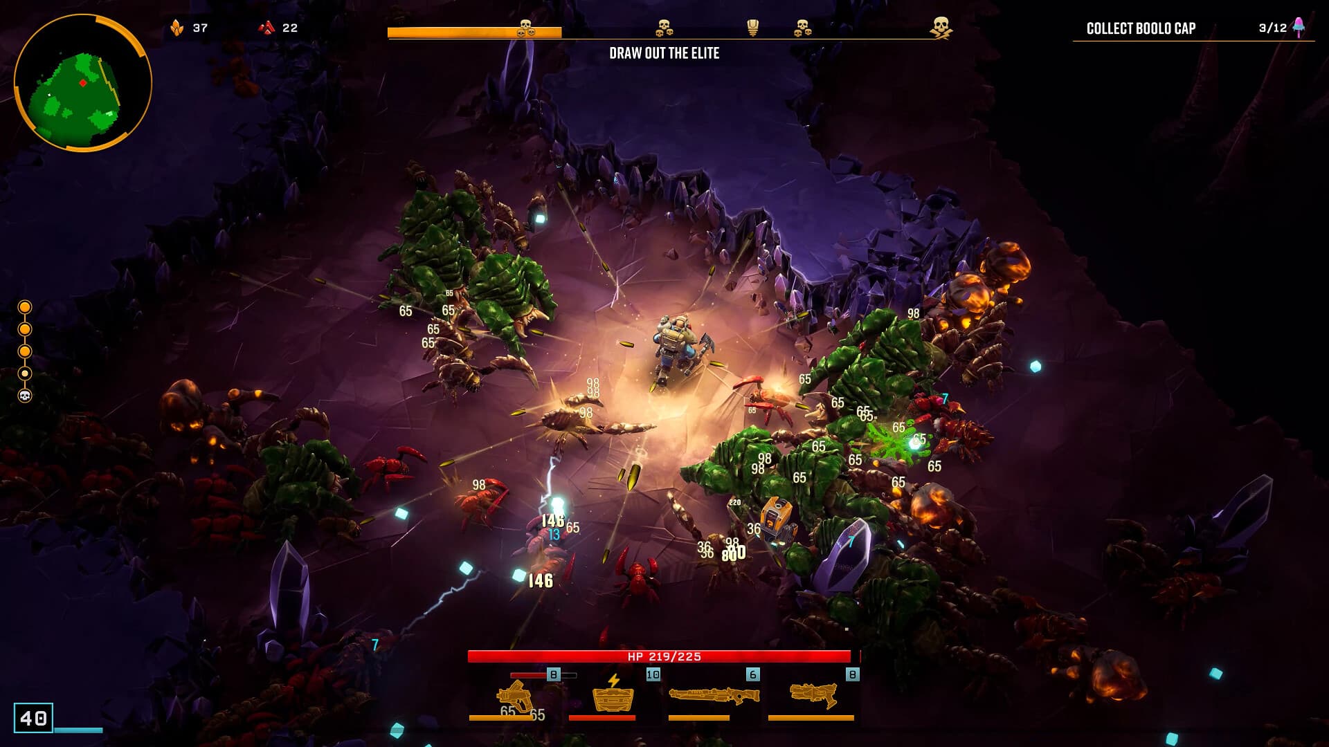 A dwarf fights alien bugs in a dark cave while a mission objective appears on the HUD in Deep Rock Galactic: Survivor.