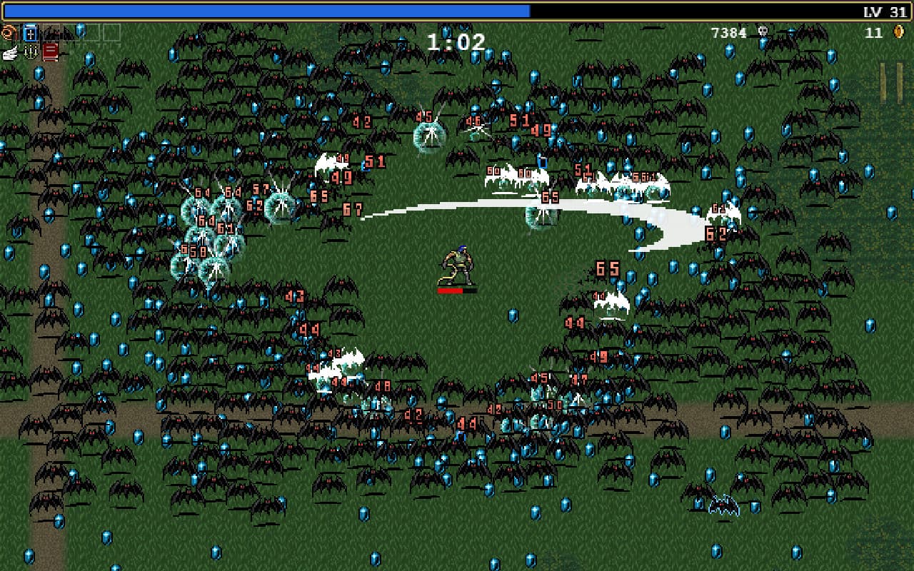 A small survivor moves through a green field crowded with night creatures and experience drops in Vampire Survivors.